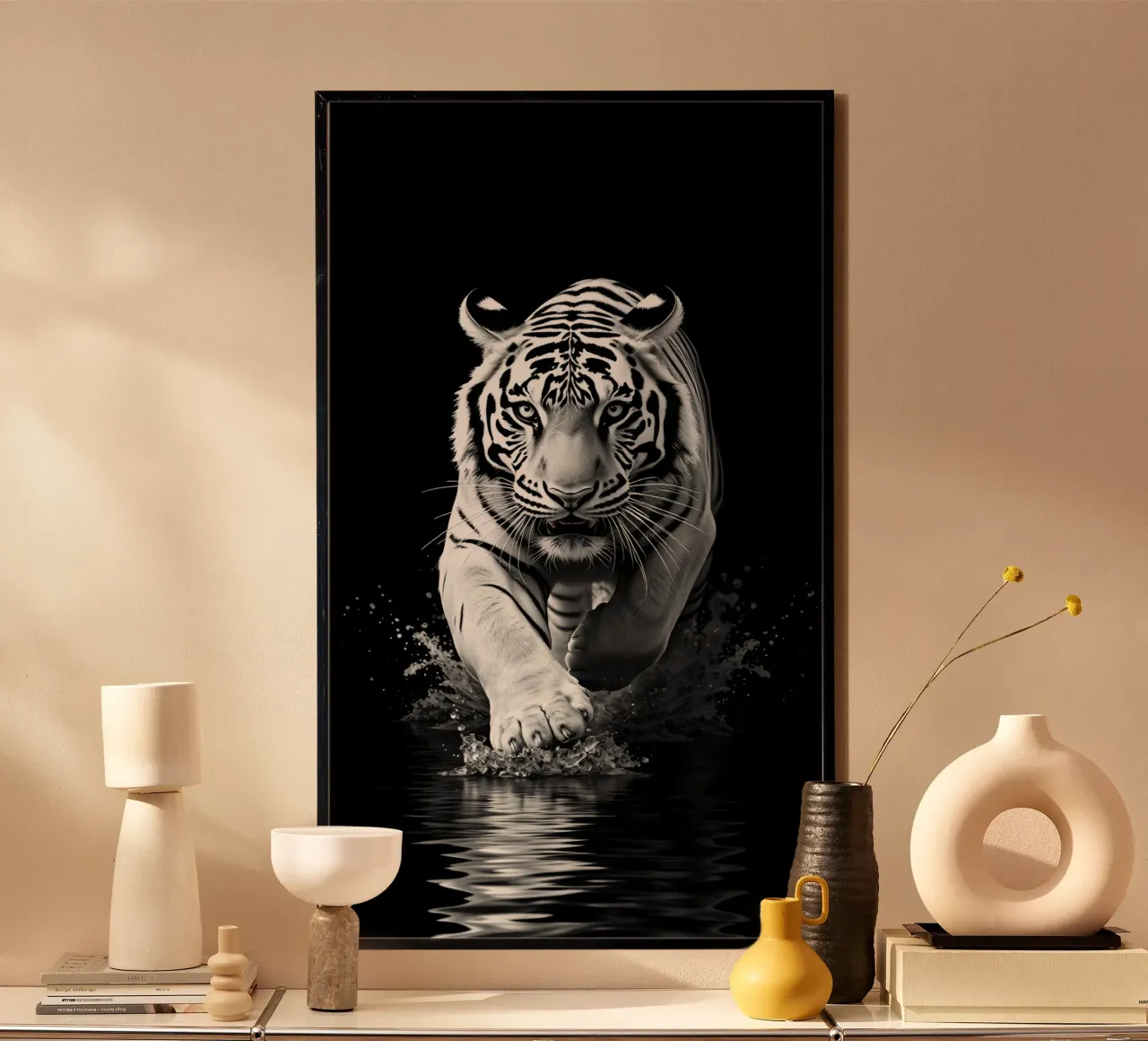 Majestätischer weißer Tiger läuft durchs Wasser Hahnemühle von DesignDoodle