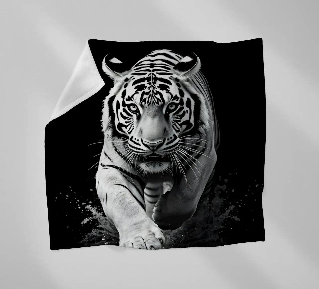 Majestic white tiger running through water fleece blanket by DesignDoodle