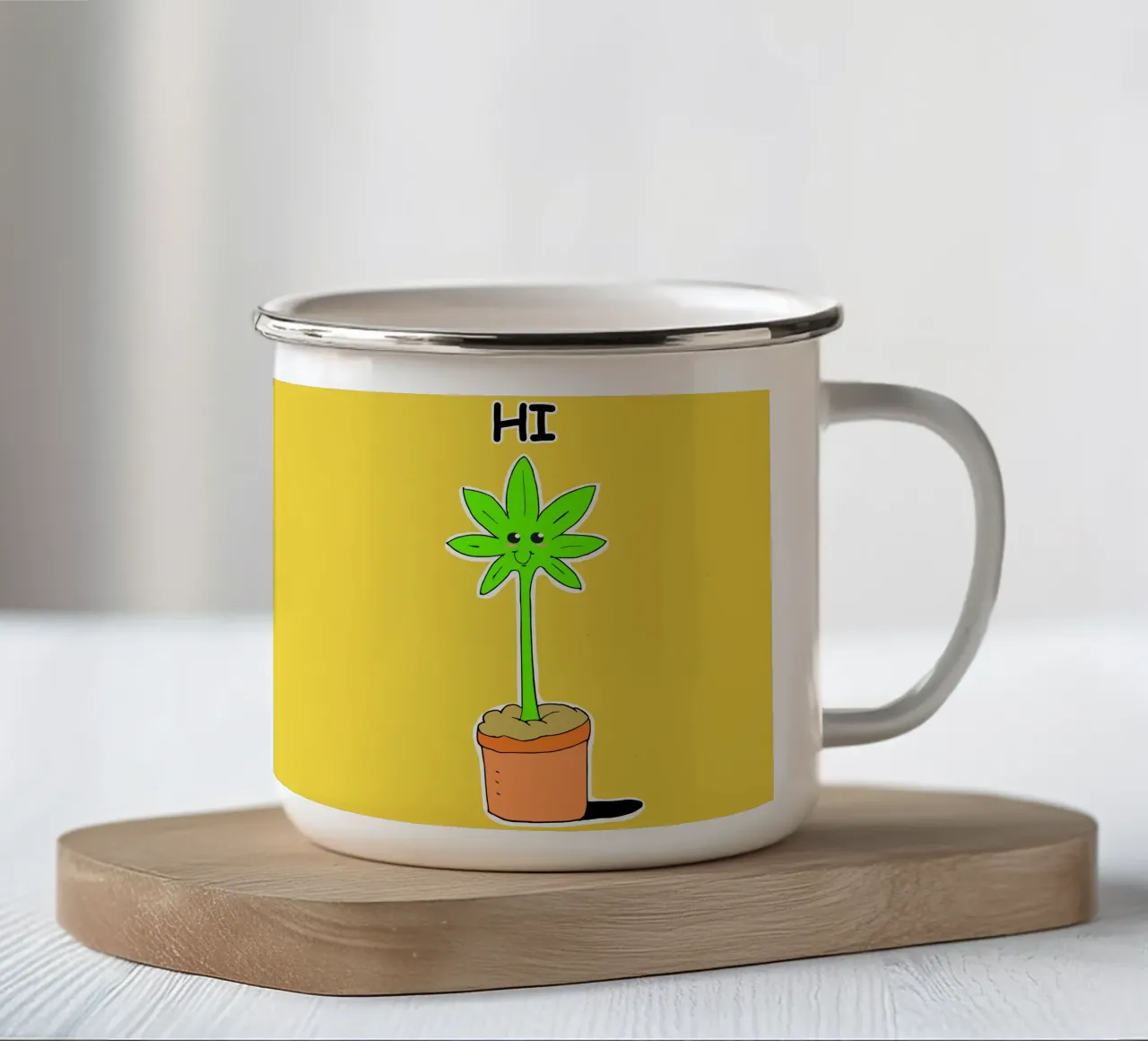 La simpatica pianta d'erba Kawaii dice Ciao Illustrazione tazza in smalto da sillyindustries