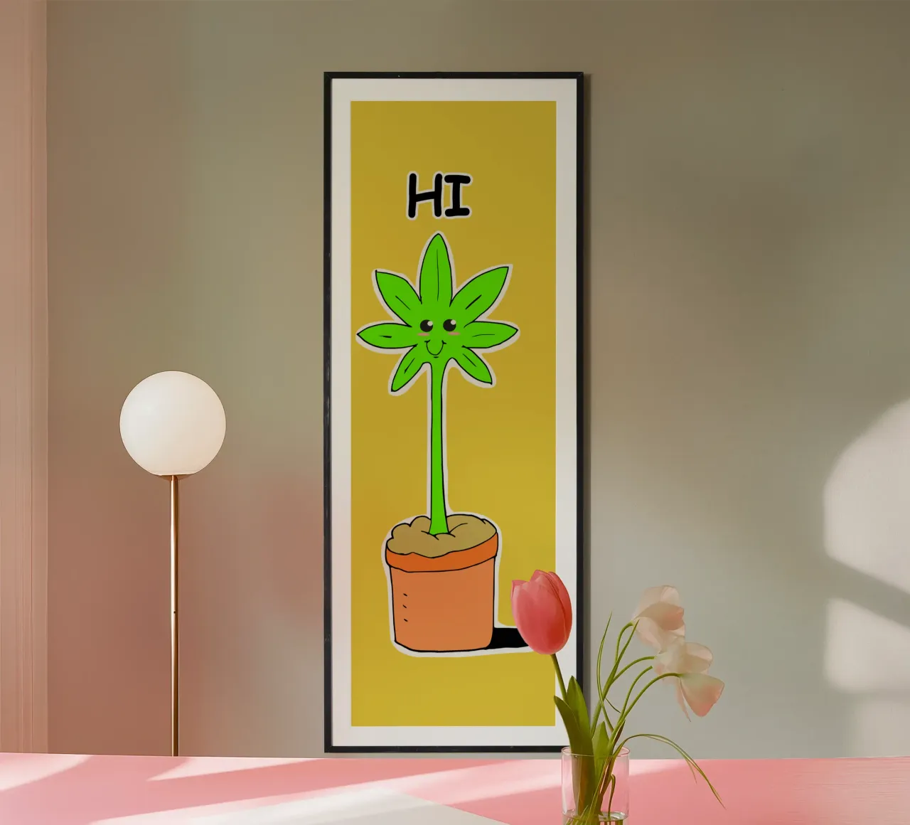 La simpatica pianta d'erba Kawaii dice Ciao Illustrazione poster con telaio in legno da sillyindustries