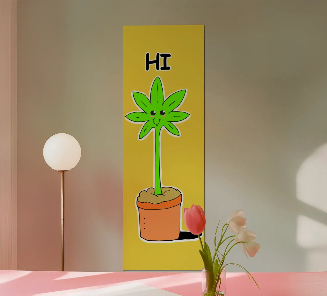 La simpatica pianta d'erba Kawaii dice Ciao Illustrazione poster con telaio in legno da sillyindustries