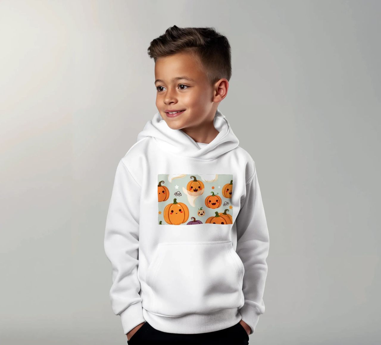 Simpática ilustración de Halloween con una calabaza sonriente sudadera con capucha para niño de DesignDoodle