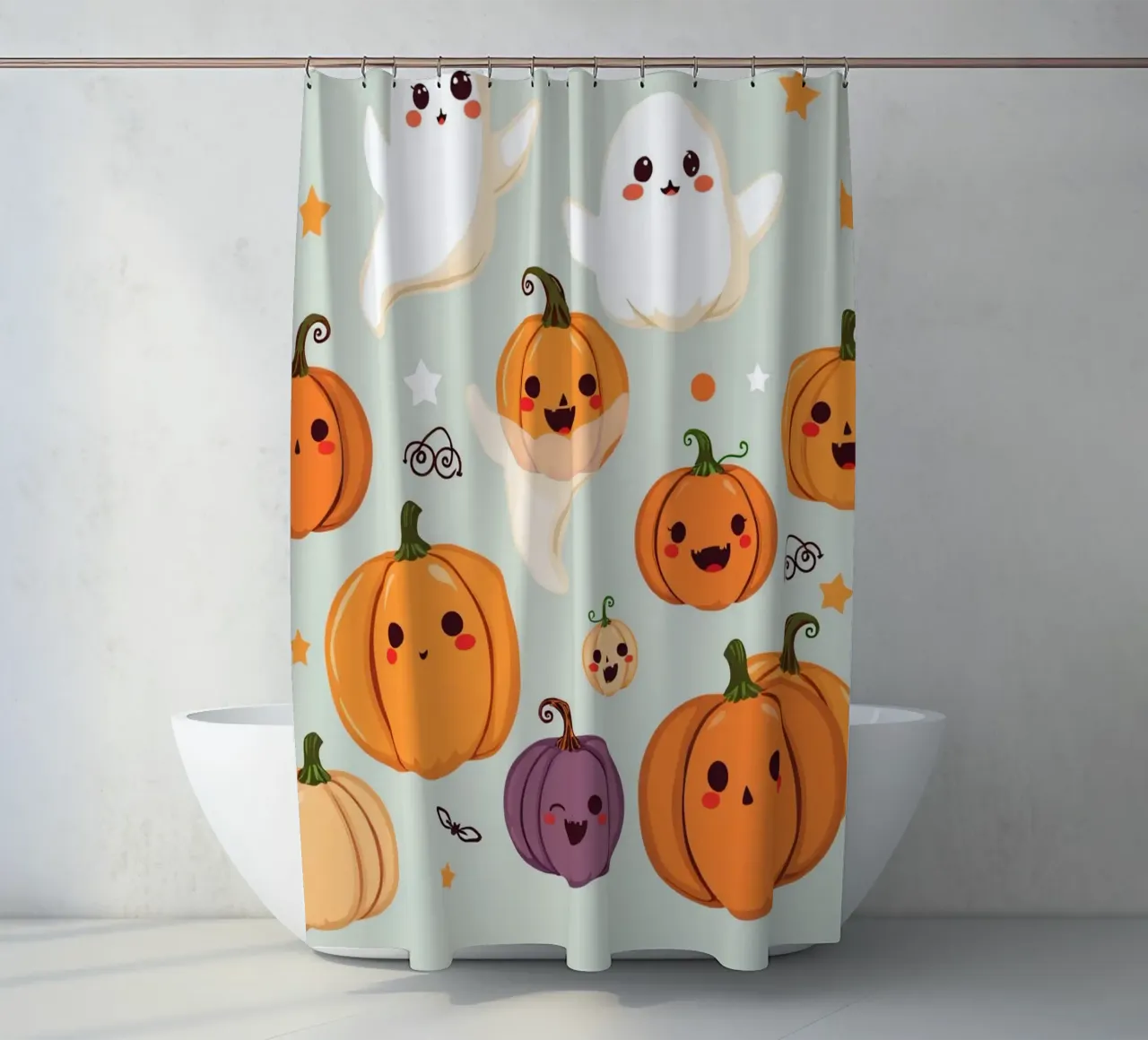 Simpatica illustrazione a tema Halloween con zucca sorridente tenda da doccia da DesignDoodle