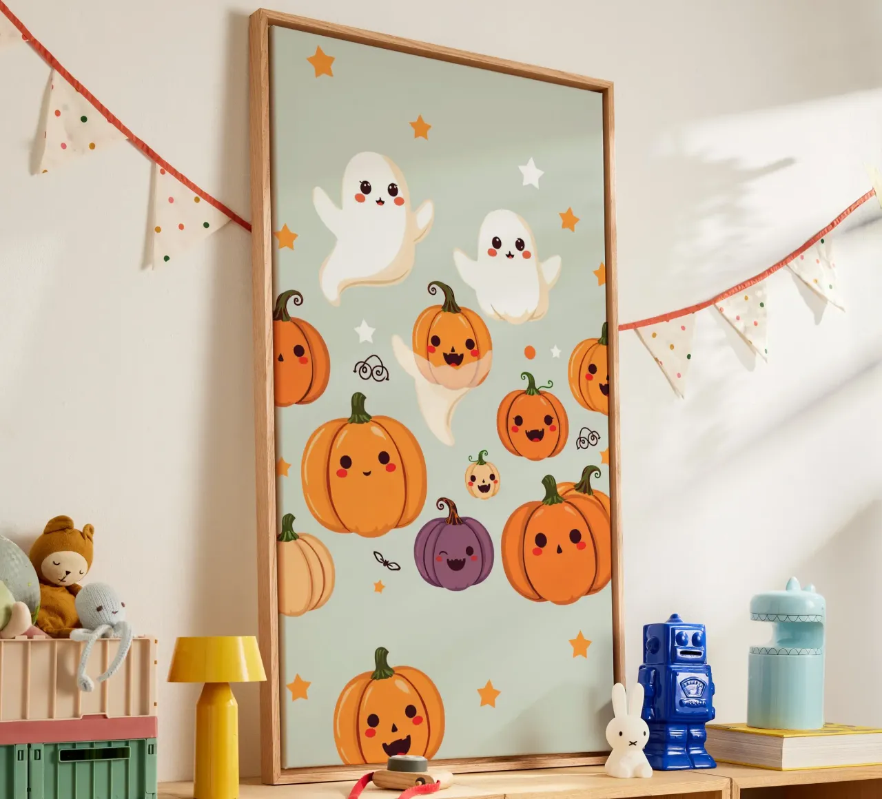Simpatica illustrazione a tema Halloween con zucca sorridente tela con Cornice a cassetta da DesignDoodle