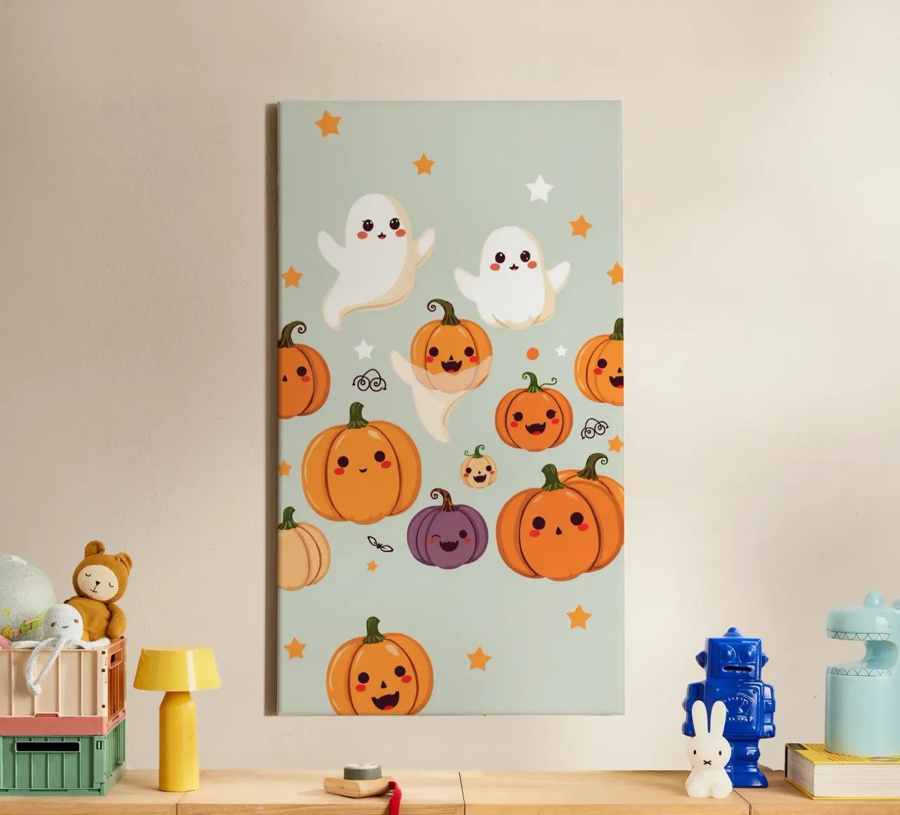 Simpatica illustrazione a tema Halloween con zucca sorridente tela con Cornice a cassetta da DesignDoodle