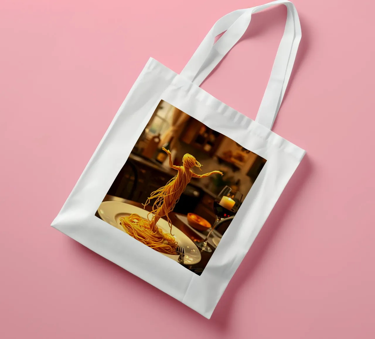 Scultura di pasta creativa di una ballerina su un piatto da pranzo borsa in juta da DesignDoodle