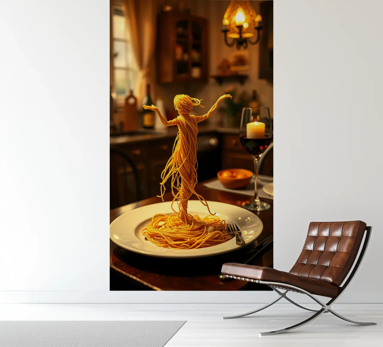 Creative pasta sculpture of a dancer on a dinner plate photo wallpaper by DesignDoodle