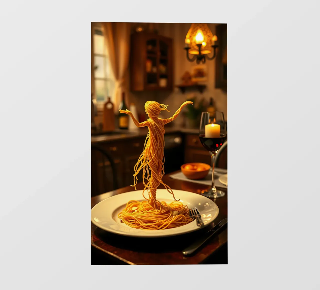 Creative pasta sculpture of a dancer on a dinner plate photo wallpaper by DesignDoodle