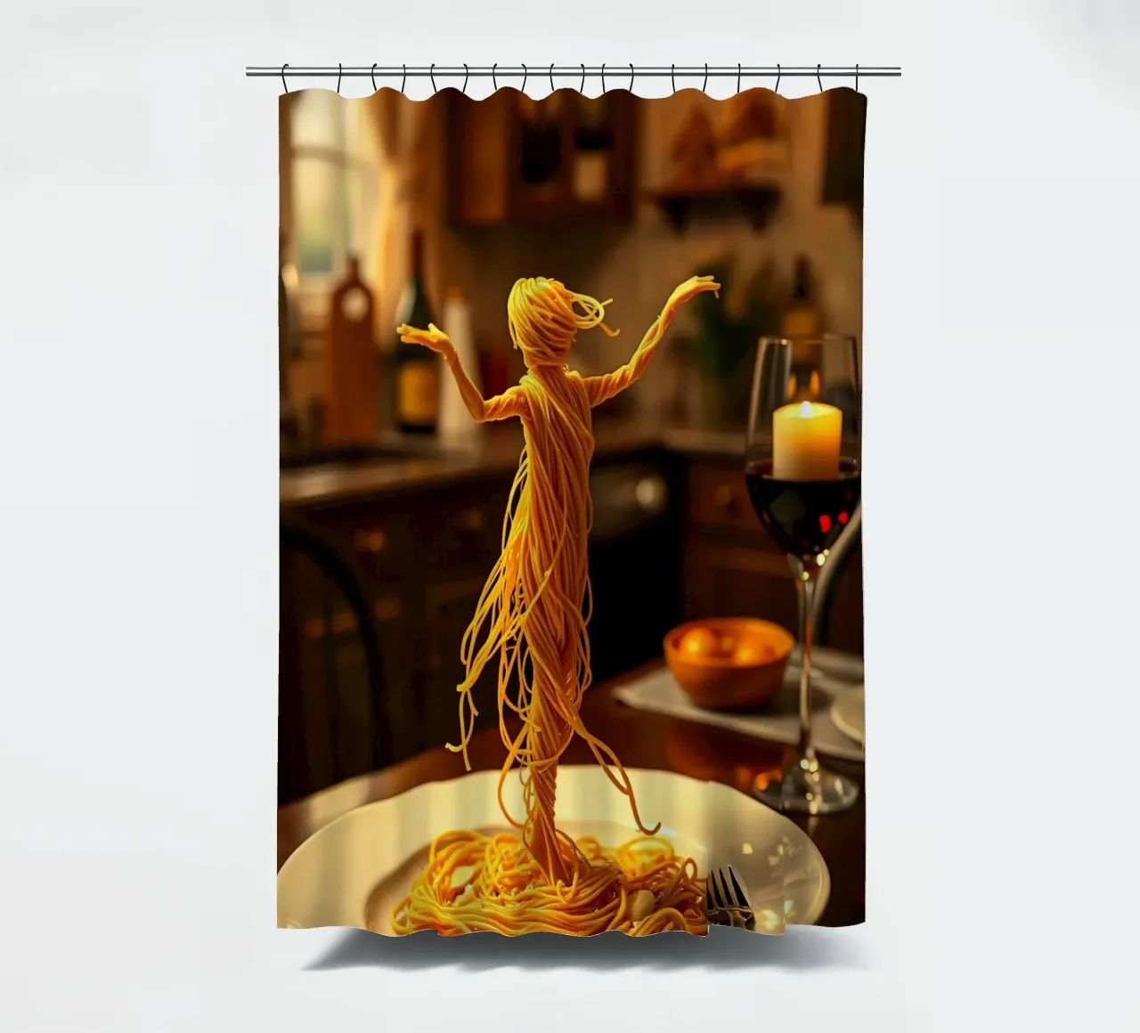 Scultura di pasta creativa di una ballerina su un piatto da pranzo tenda da doccia da DesignDoodle