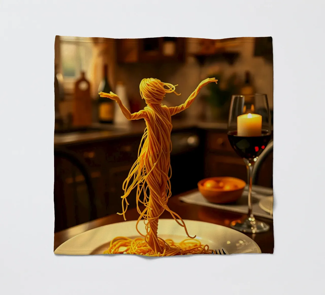 Scultura di pasta creativa di una ballerina su un piatto da pranzo coperta in pile da DesignDoodle