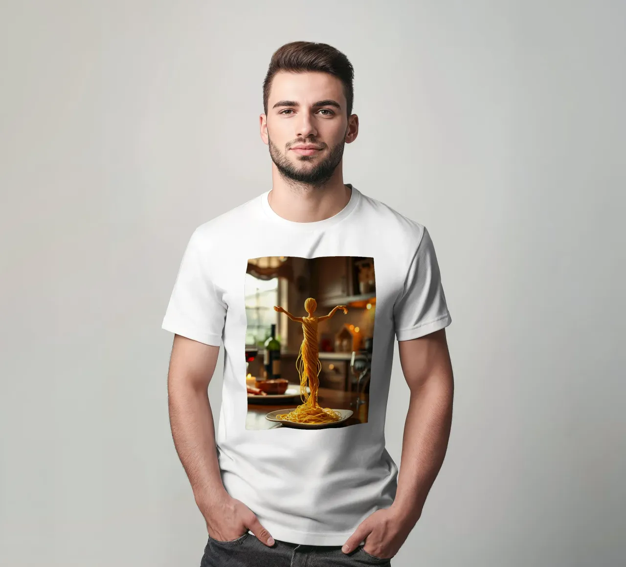 A pasta sculpture stands on a plate at a cozy kitchen table t-shirt by DesignDoodle