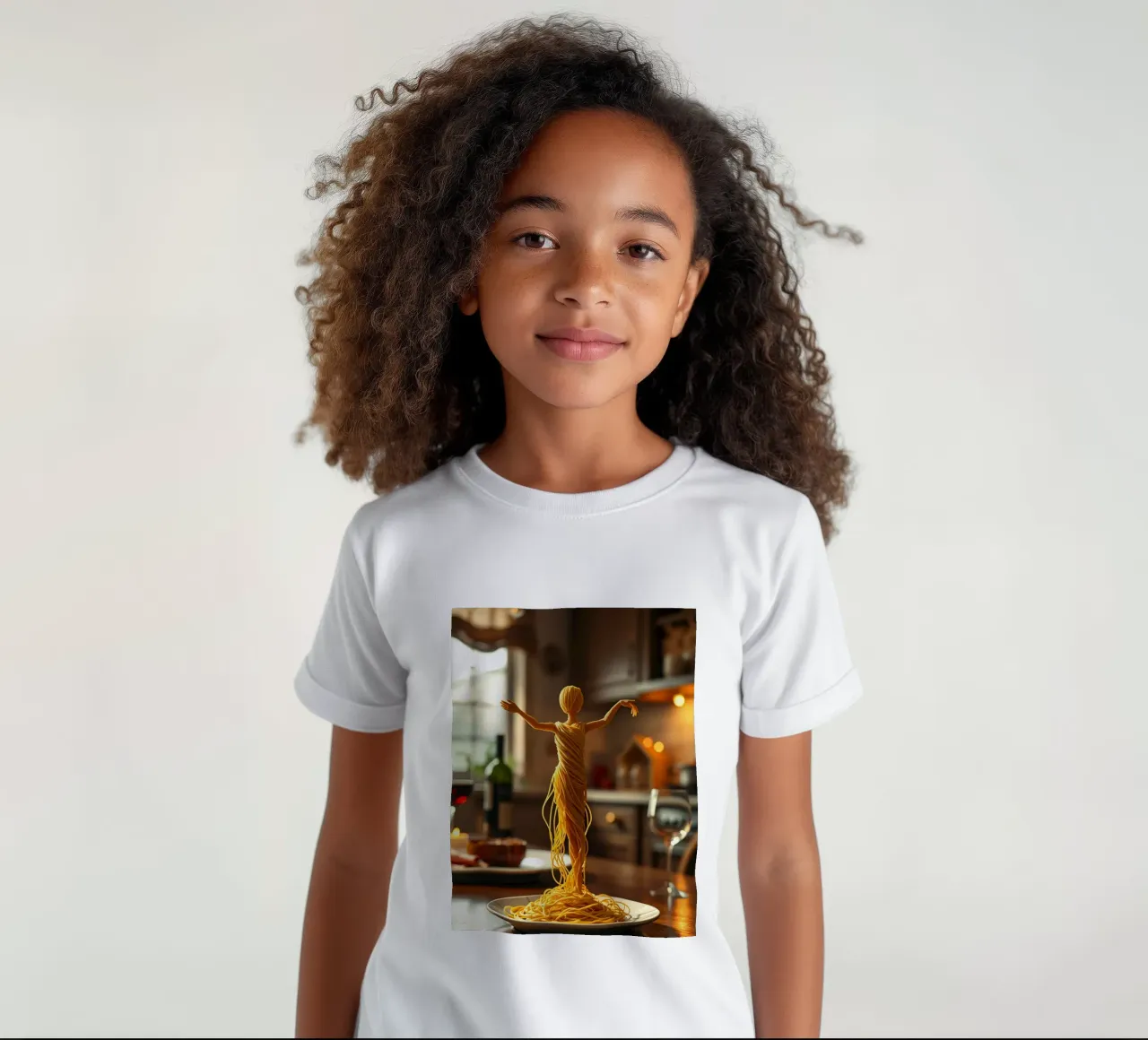 A pasta sculpture stands on a plate at a cozy kitchen table kids t-shirt by DesignDoodle