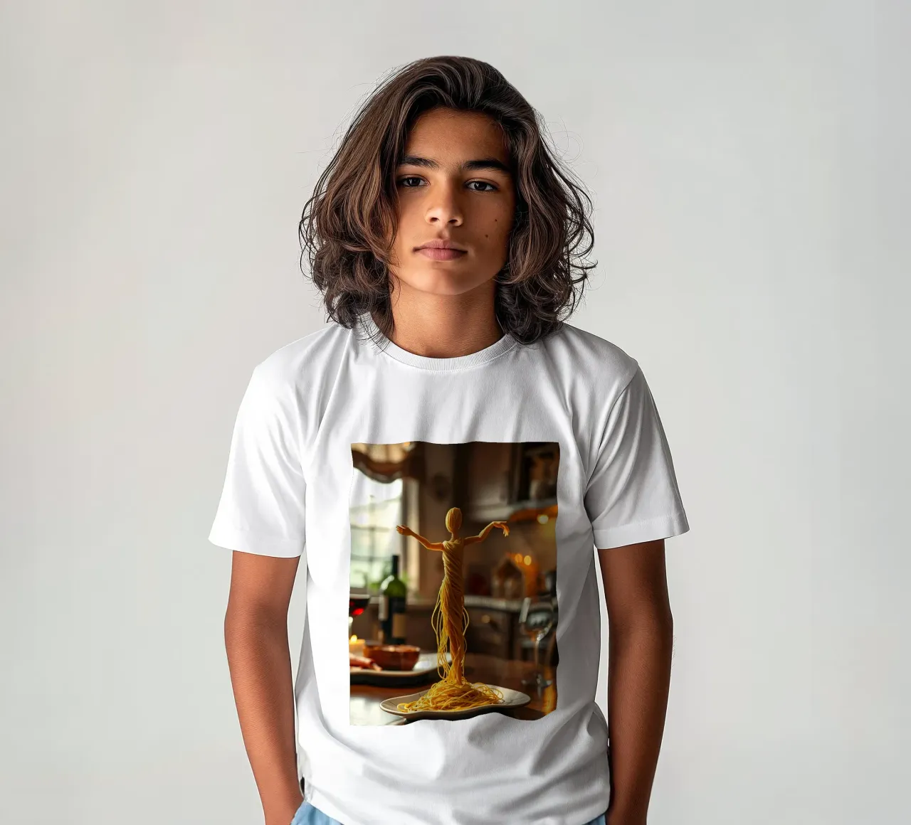 A pasta sculpture stands on a plate at a cozy kitchen table kids t-shirt by DesignDoodle