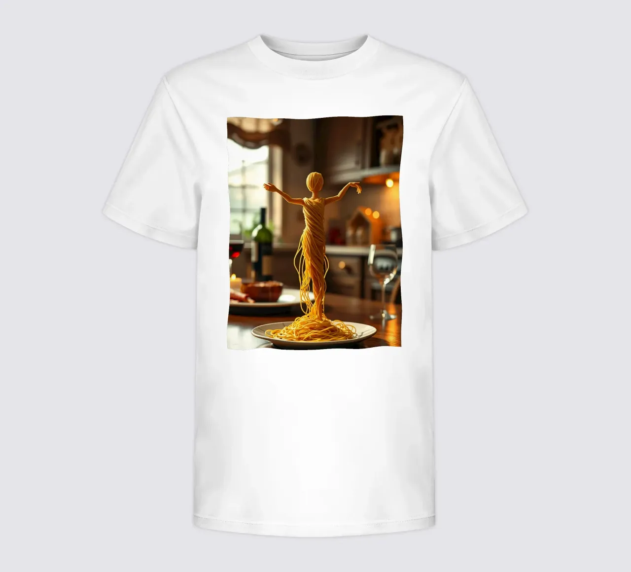 A pasta sculpture stands on a plate at a cozy kitchen table kids t-shirt by DesignDoodle