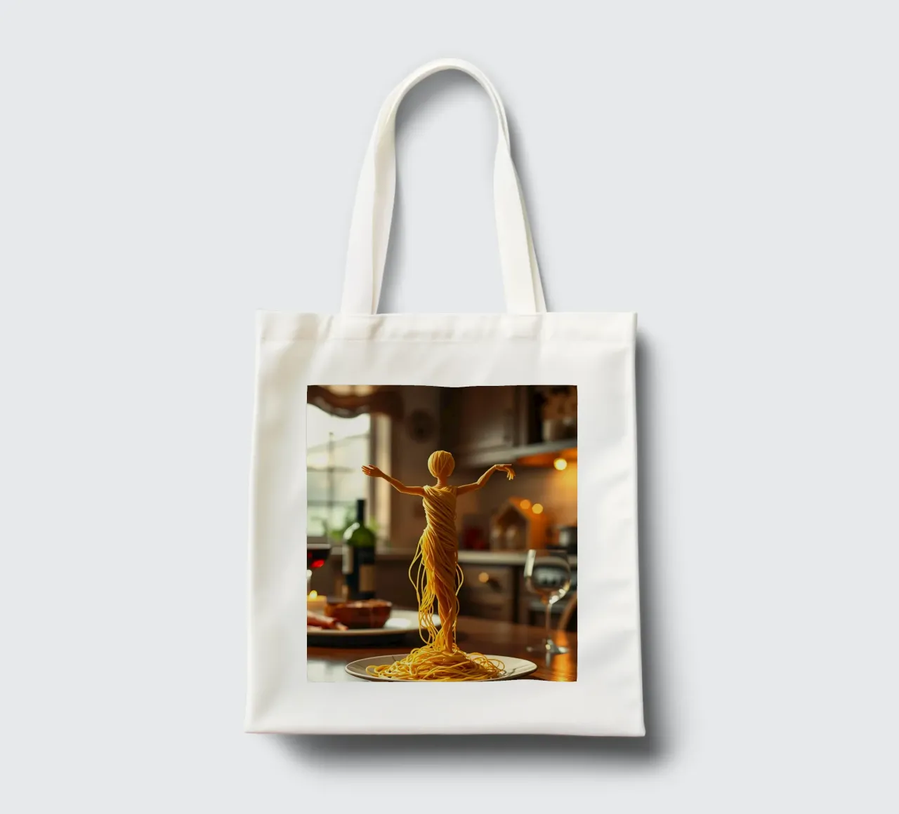 Una scultura di pasta si trova su un piatto in un accogliente tavolo da cucina borsa in juta da DesignDoodle