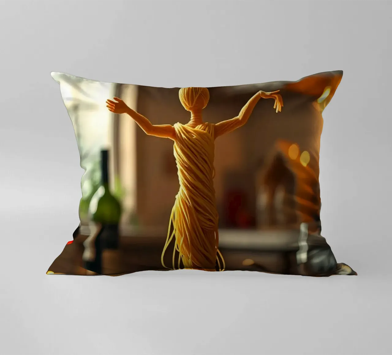 Una scultura di pasta si trova su un piatto in un accogliente tavolo da cucina cuscino da DesignDoodle