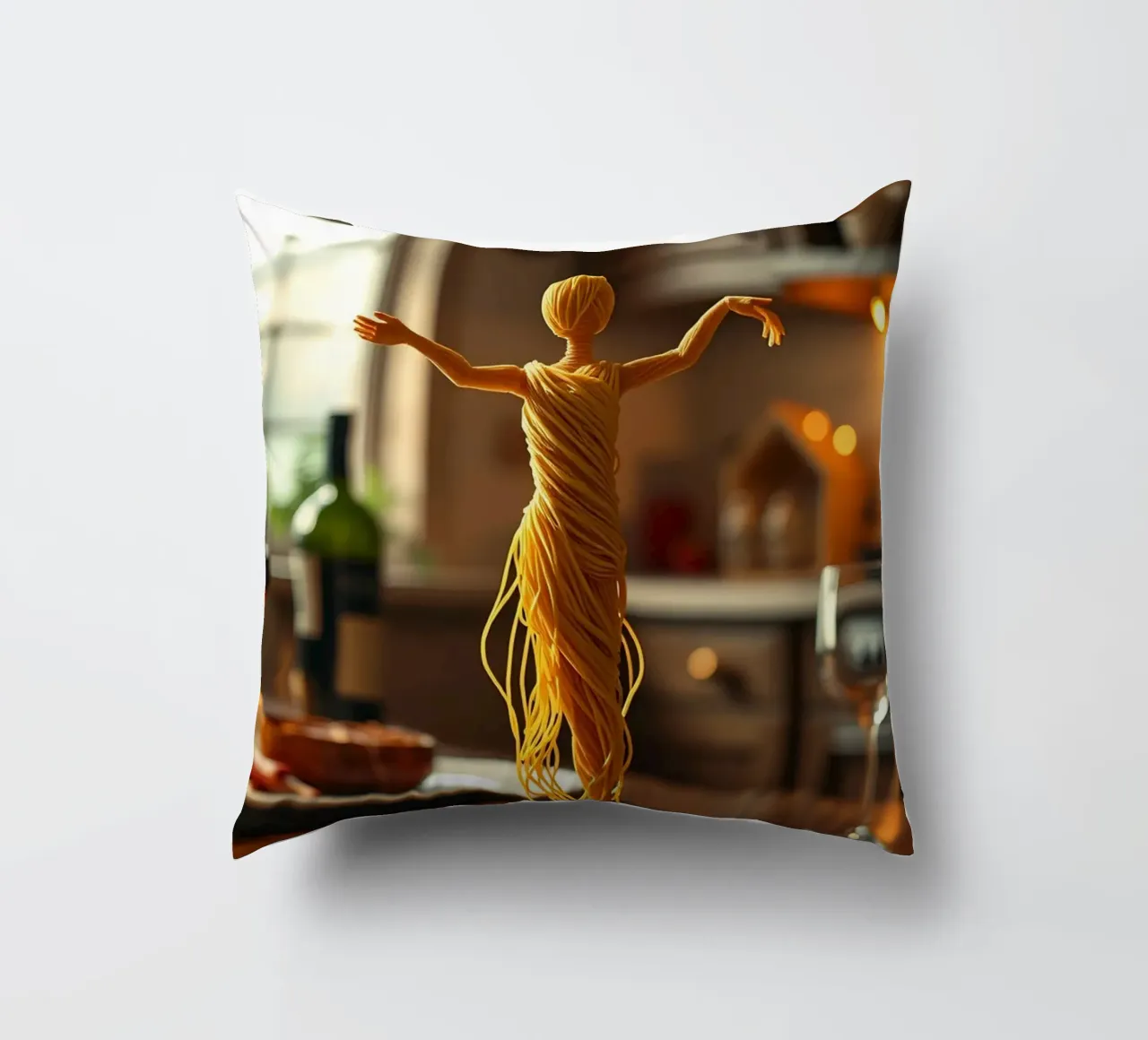 Una scultura di pasta si trova su un piatto in un accogliente tavolo da cucina cuscino da DesignDoodle