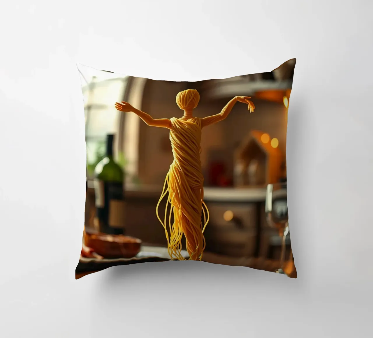 Una scultura di pasta si trova su un piatto in un accogliente tavolo da cucina cuscino da DesignDoodle