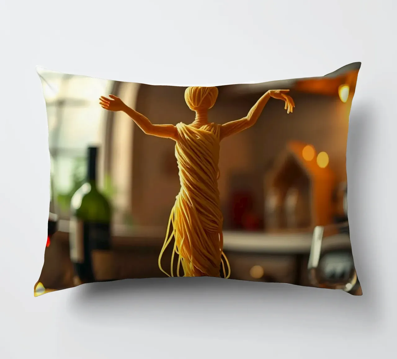 Una scultura di pasta si trova su un piatto in un accogliente tavolo da cucina cuscino da DesignDoodle