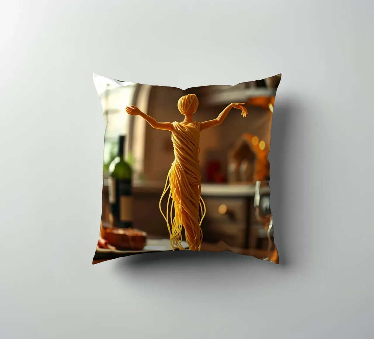 Una scultura di pasta si trova su un piatto in un accogliente tavolo da cucina cuscino da DesignDoodle
