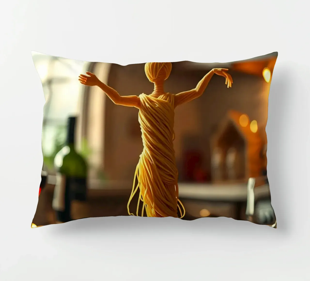 Una scultura di pasta si trova su un piatto in un accogliente tavolo da cucina cuscino da DesignDoodle