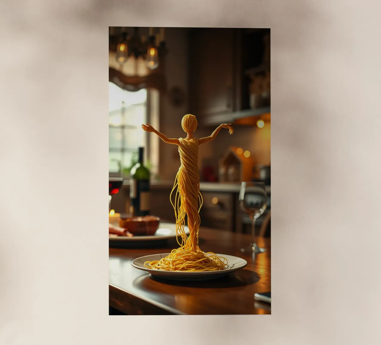 Una scultura di pasta si trova su un piatto in un accogliente tavolo da cucina pellicola backlit da DesignDoodle