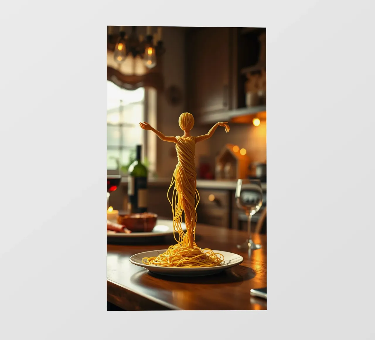 Una scultura di pasta si trova su un piatto in un accogliente tavolo da cucina pellicola backlit da DesignDoodle