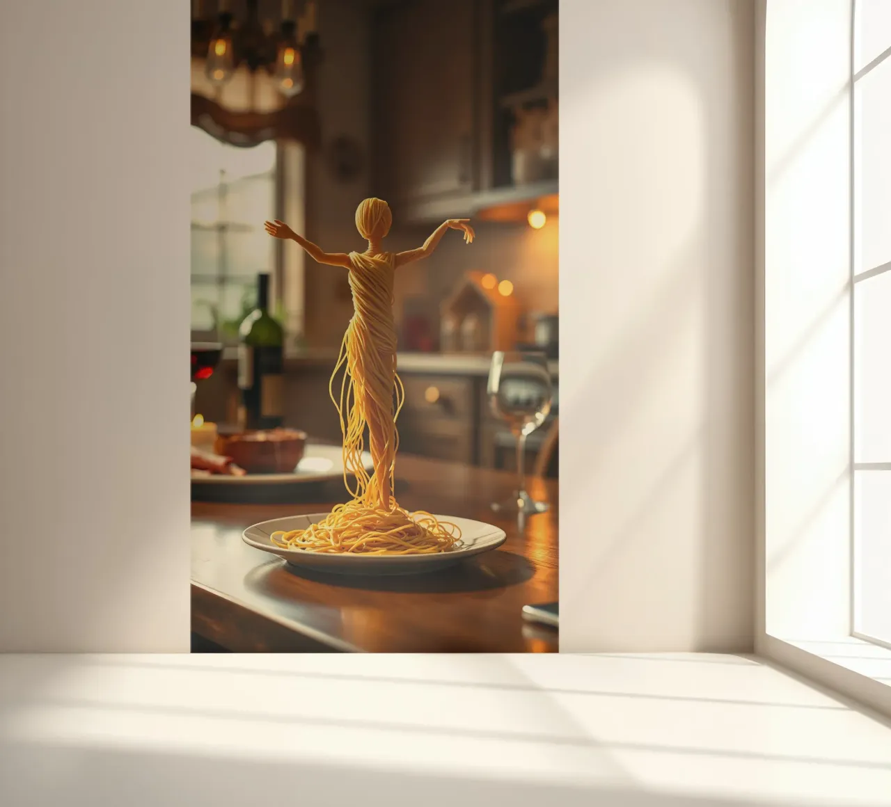 A pasta sculpture stands on a plate at a cozy kitchen table photo wallpaper by DesignDoodle