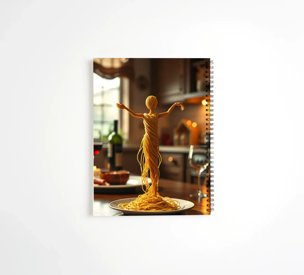A pasta sculpture stands on a plate at a cozy kitchen table spiral notebook by DesignDoodle