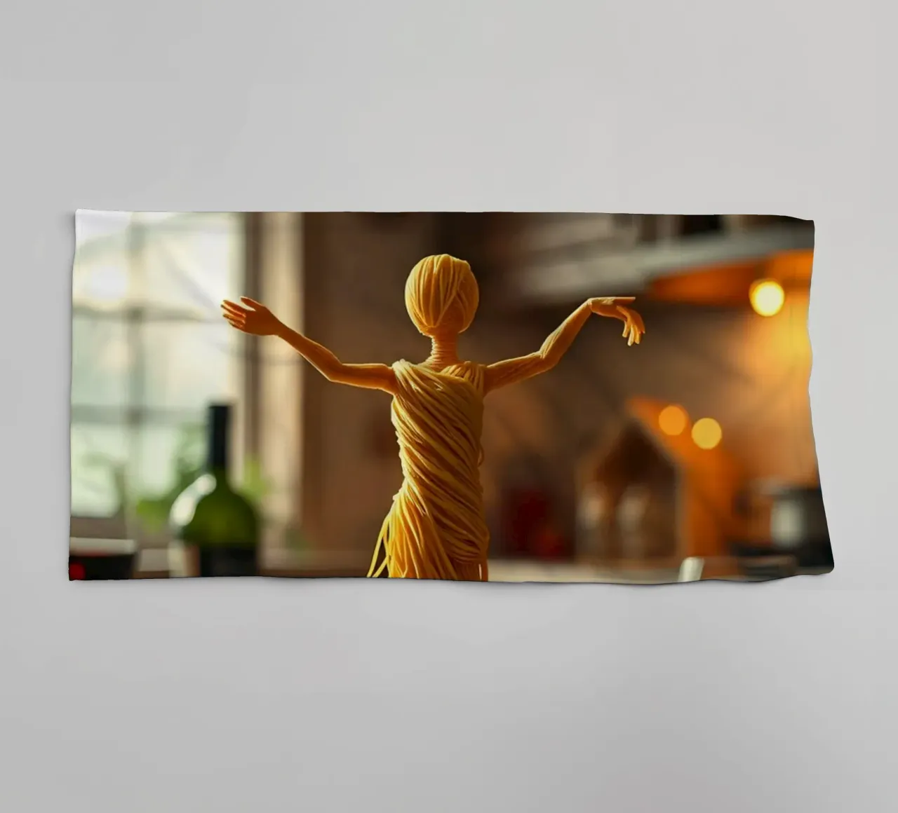 Una scultura di pasta si trova su un piatto in un accogliente tavolo da cucina asciugamano da bagno da DesignDoodle