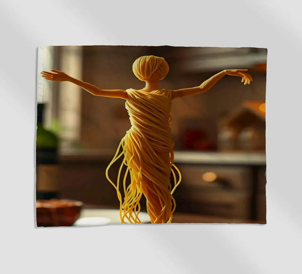 Una scultura di pasta si trova su un piatto in un accogliente tavolo da cucina telo mare da DesignDoodle