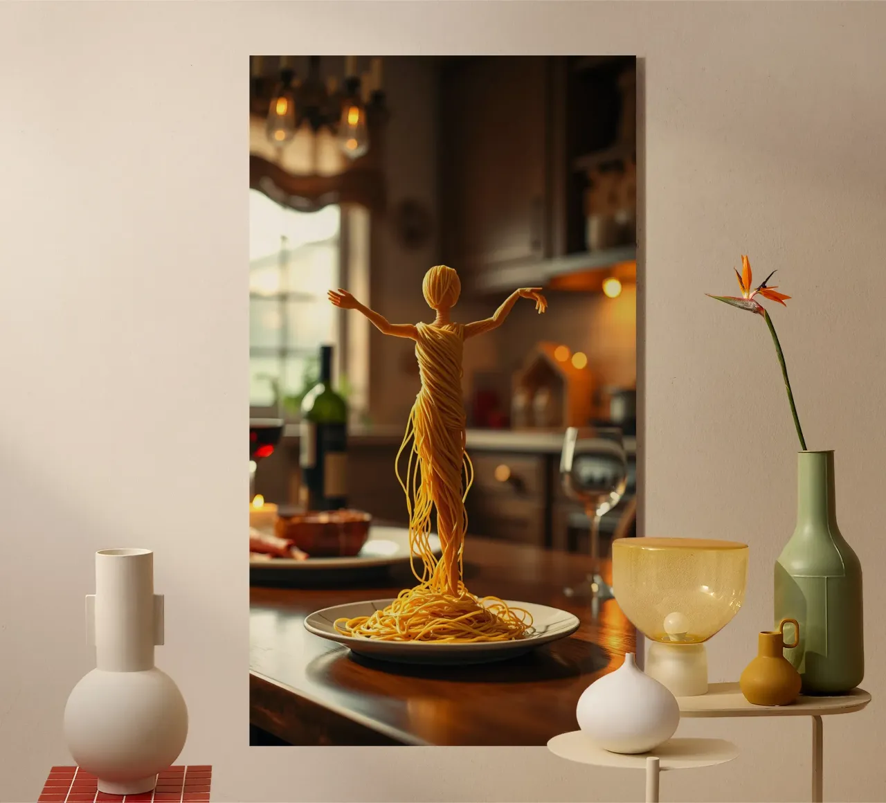 Una scultura di pasta si trova su un piatto in un accogliente tavolo da cucina plexiglass da DesignDoodle