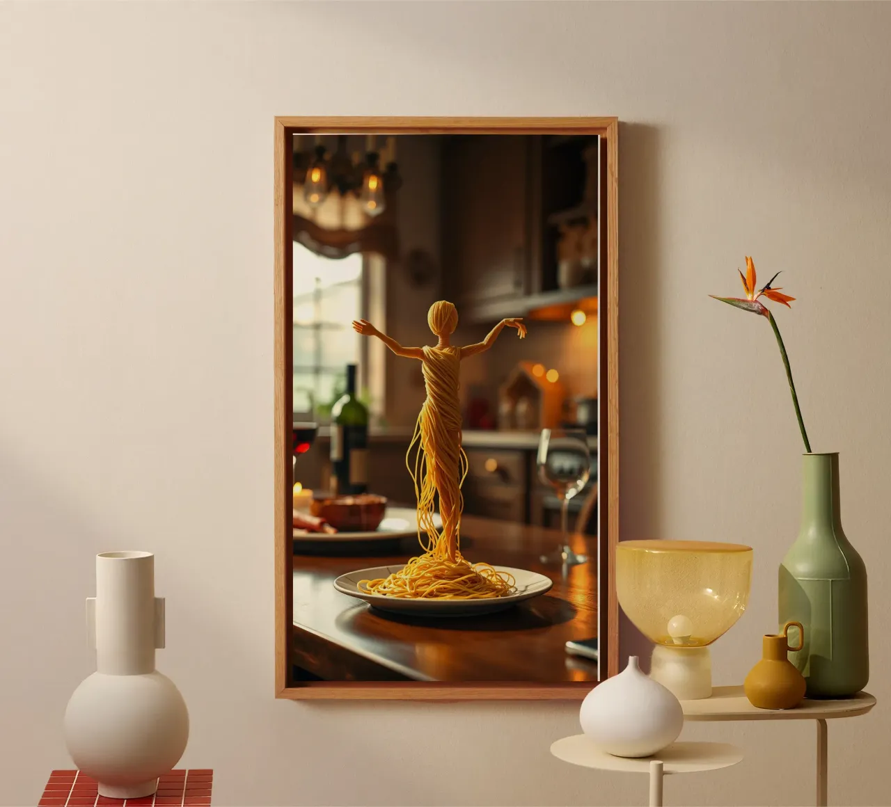 Een pastasculptuur staat op een bord aan een gezellige keukentafel canvas van DesignDoodle