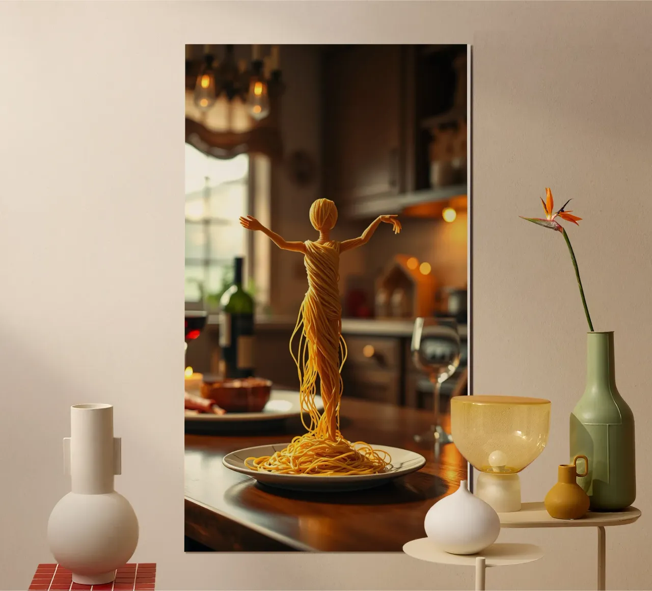 Una scultura di pasta si trova su un piatto in un accogliente tavolo da cucina carta hahnemühle da DesignDoodle