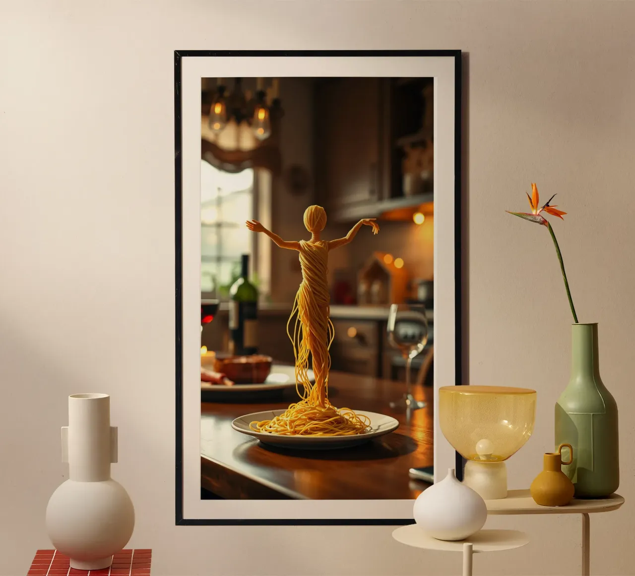 Una scultura di pasta si trova su un piatto in un accogliente tavolo da cucina carta hahnemühle da DesignDoodle