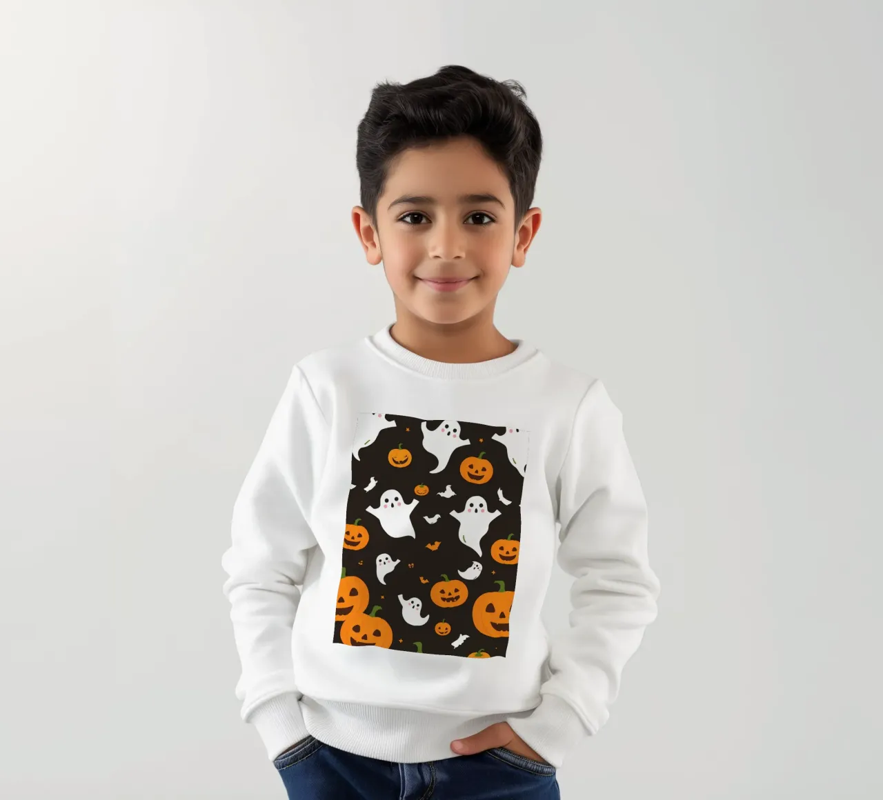Colorful Halloween-themed playful ghosts and pumpkins kids sweatshirt by DesignDoodle