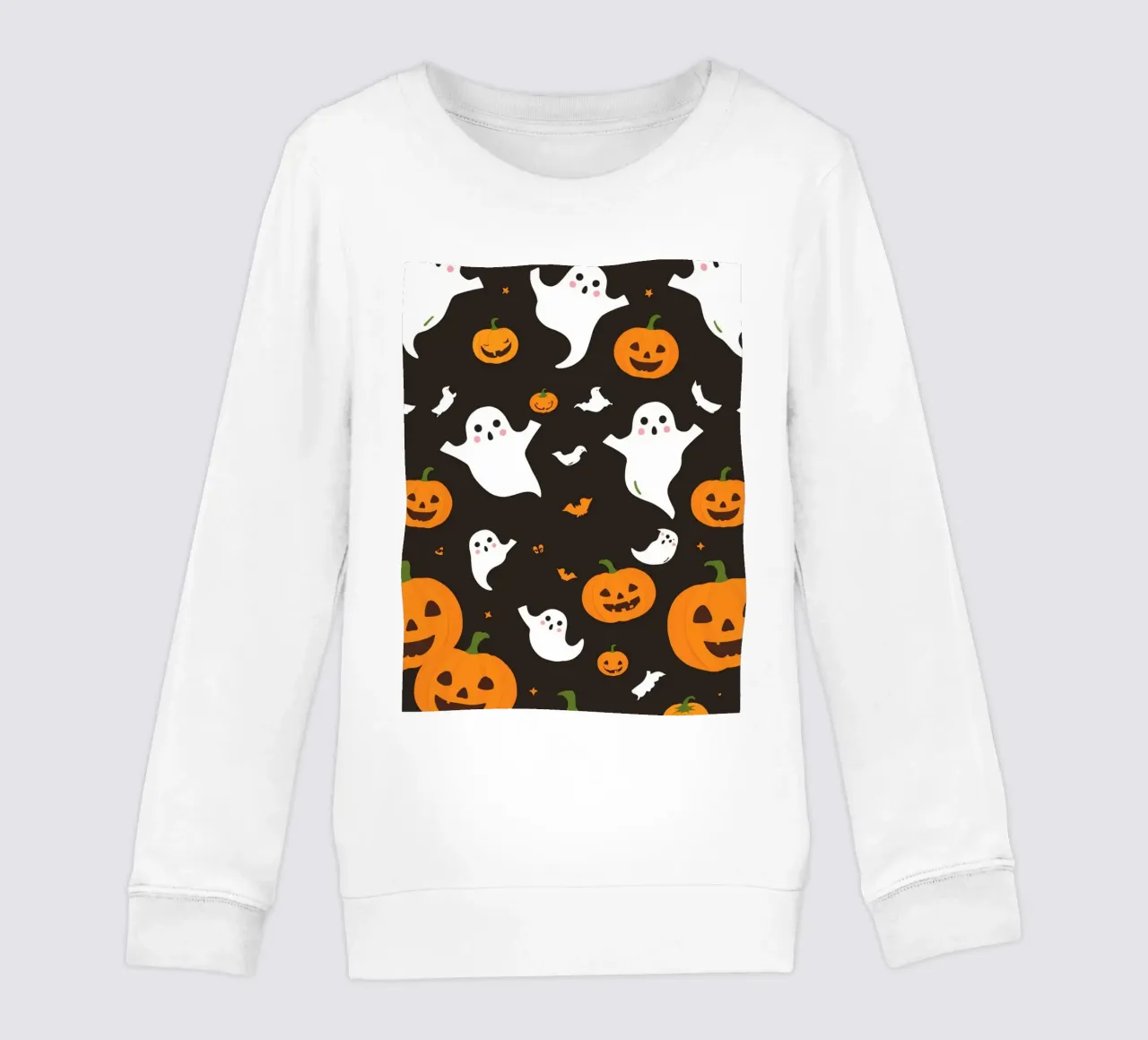 Colorful Halloween-themed playful ghosts and pumpkins kids sweatshirt by DesignDoodle