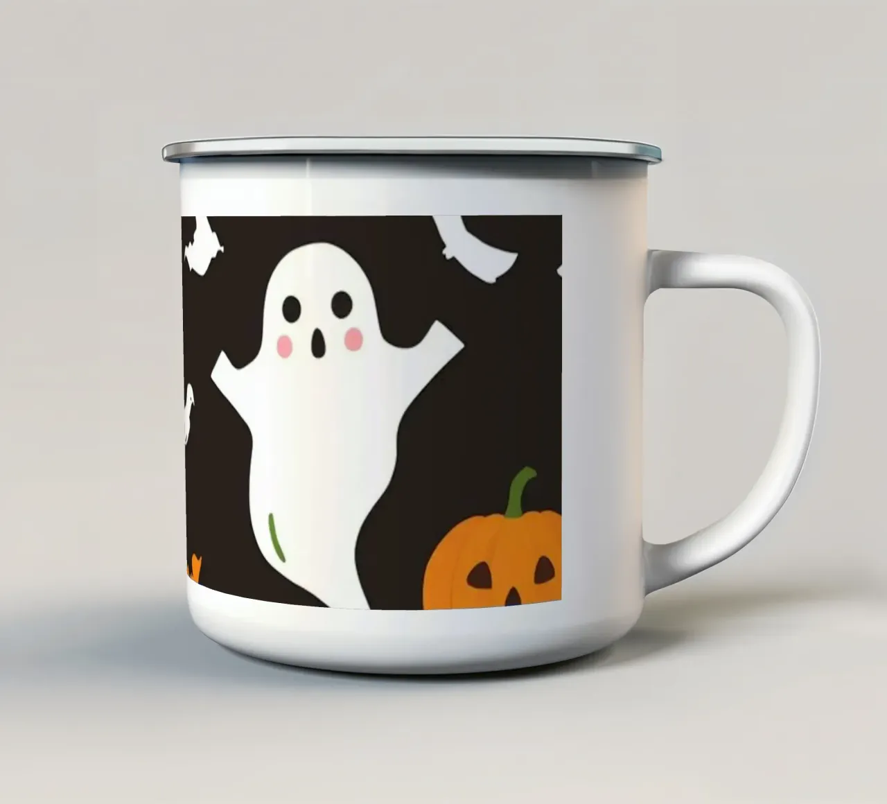 Fantasmi e zucche colorate a tema Halloween tazza in smalto da DesignDoodle