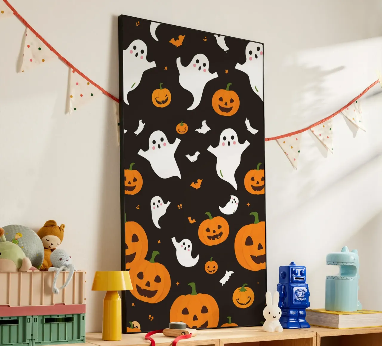 Colorful Halloween-themed playful ghosts and pumpkins forex plate by DesignDoodle