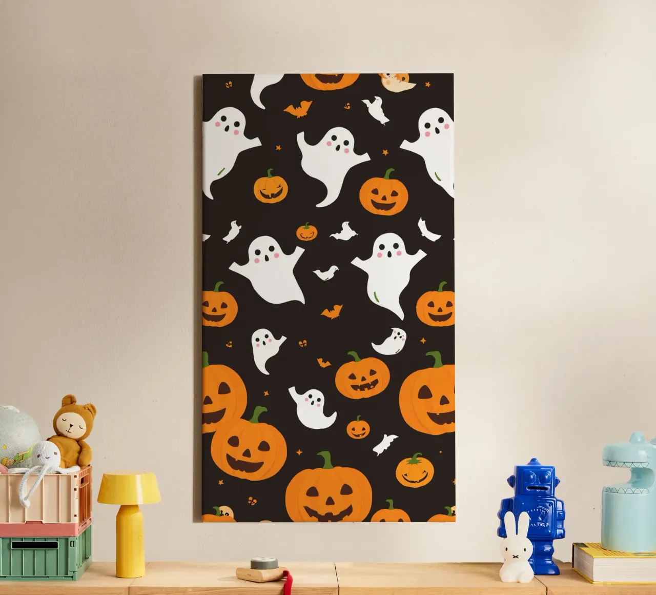 Fantasmi e zucche colorate a tema Halloween tela con Cornice a cassetta da DesignDoodle