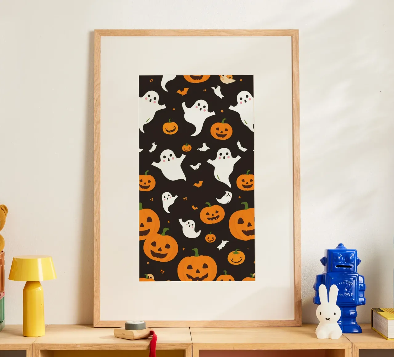 Colorful Halloween-themed playful ghosts and pumpkins poster by DesignDoodle
