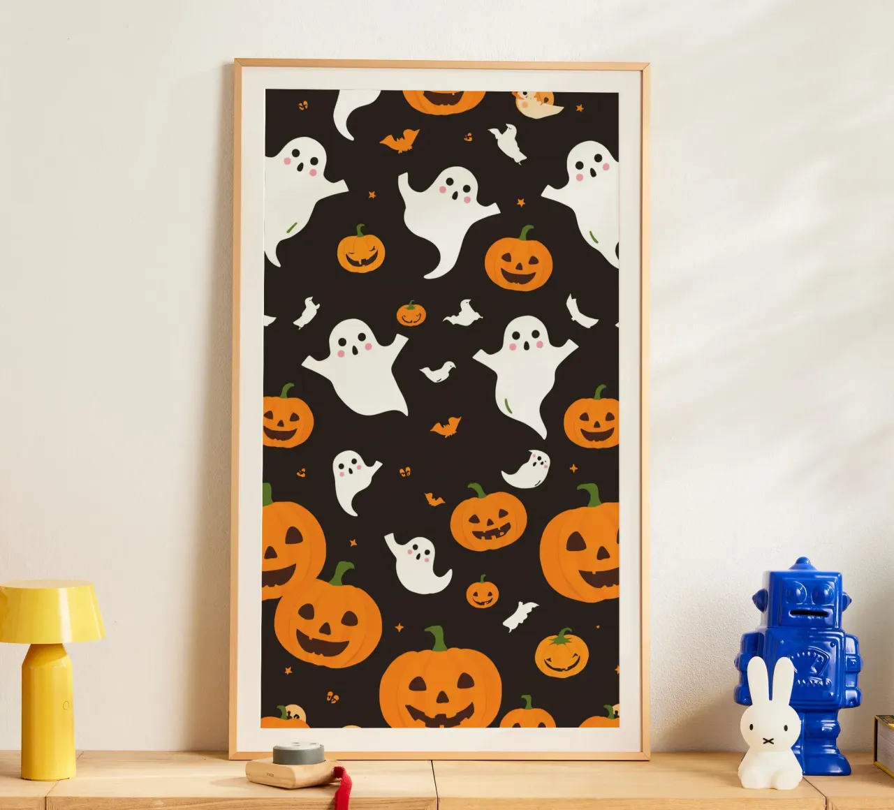 Colorful Halloween-themed playful ghosts and pumpkins poster by DesignDoodle