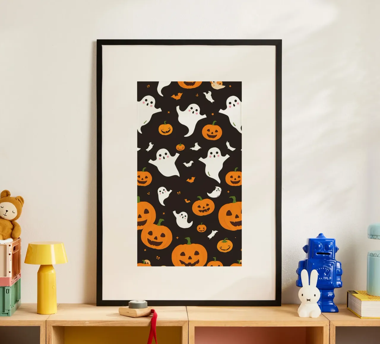 Colorful Halloween-themed playful ghosts and pumpkins poster by DesignDoodle