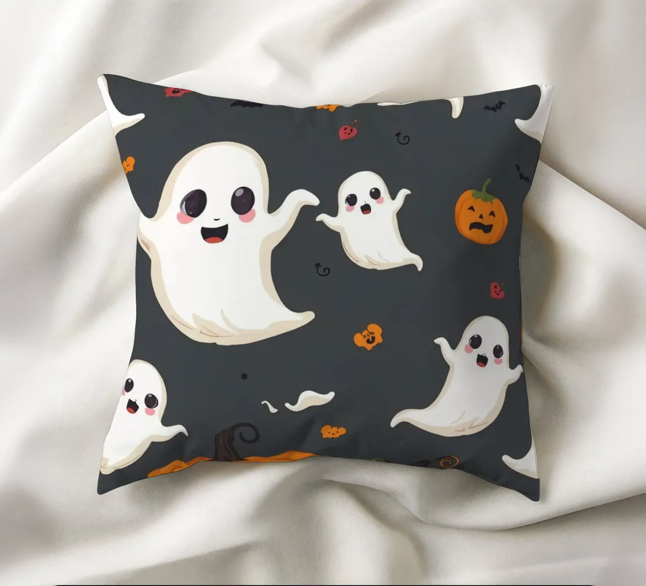 Fantasmi giocosi e zucche allegre in un festoso Halloween cuscino da DesignDoodle
