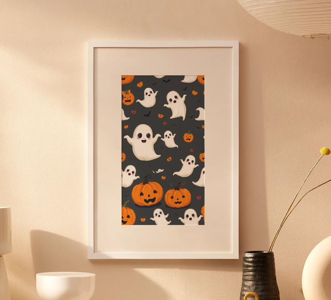 Fantasmi giocosi e zucche allegre in un festoso Halloween poster con telaio in plastica da DesignDoodle
