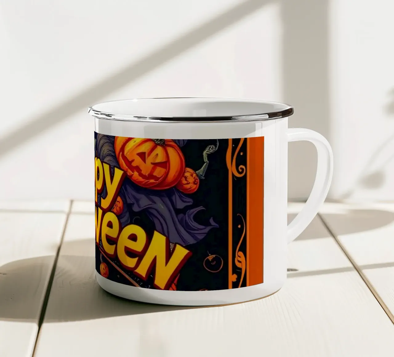 Festosa decorazione di Halloween con una zucca sorridente tazza in smalto da DesignDoodle