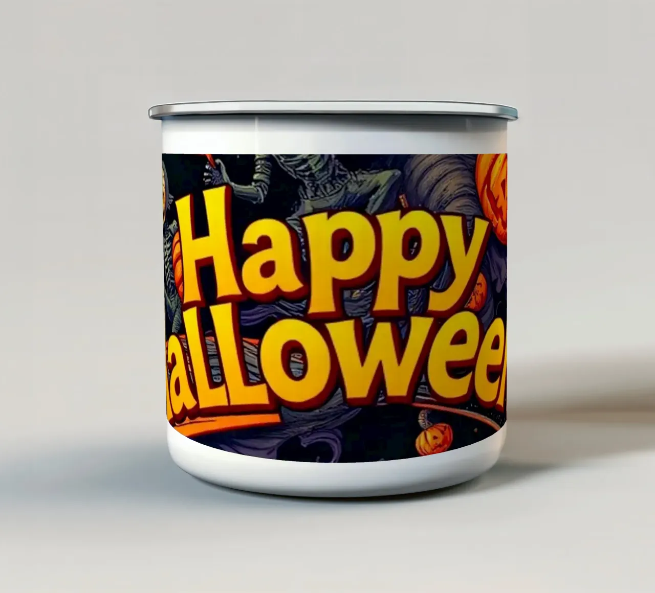 Festosa decorazione di Halloween con una zucca sorridente tazza in smalto da DesignDoodle