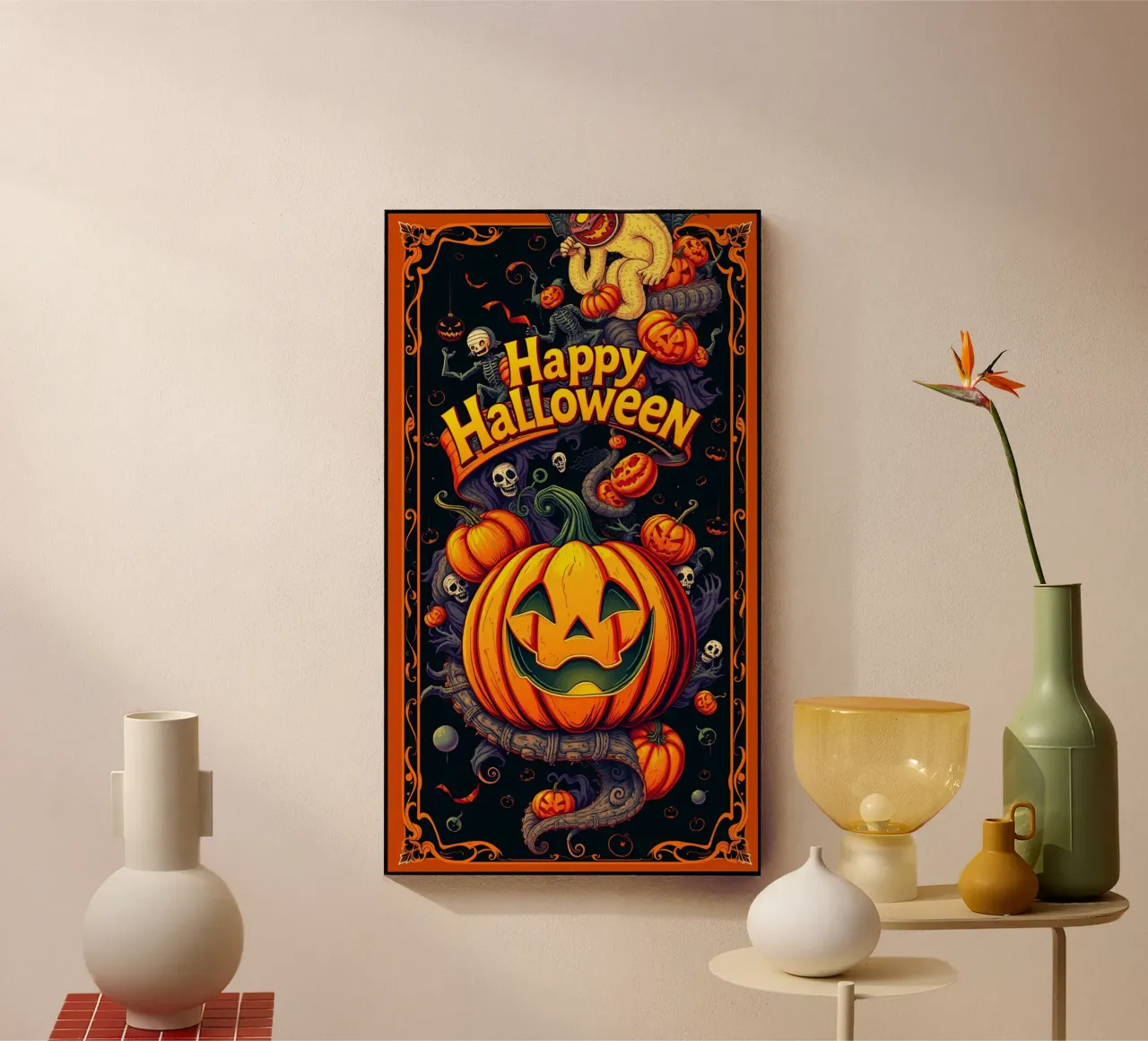 Festive Halloween decoration featuring a grinning pumpkin acrylic glass by DesignDoodle
