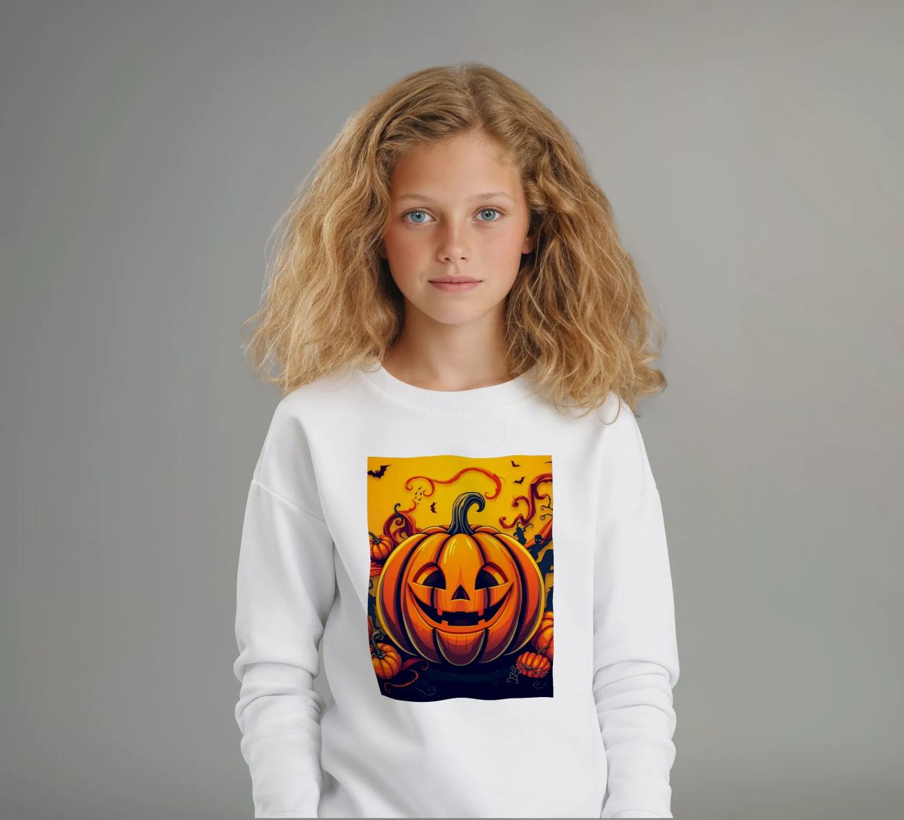 alegre calabaza rodeada de murciélagos juguetones y enredadera arremolinada sudadera para niño de DesignDoodle