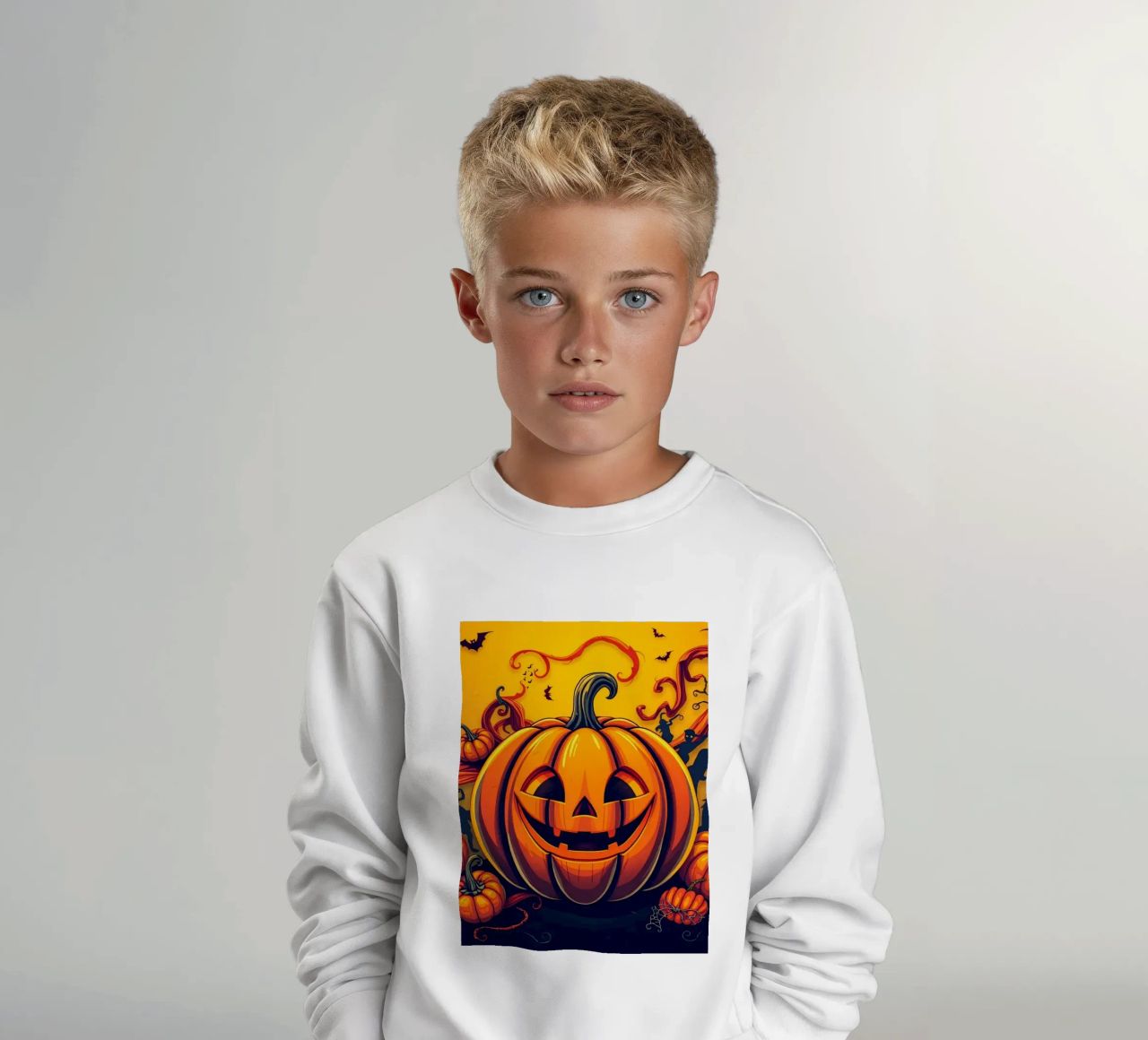 alegre calabaza rodeada de murciélagos juguetones y enredadera arremolinada sudadera para niño de DesignDoodle